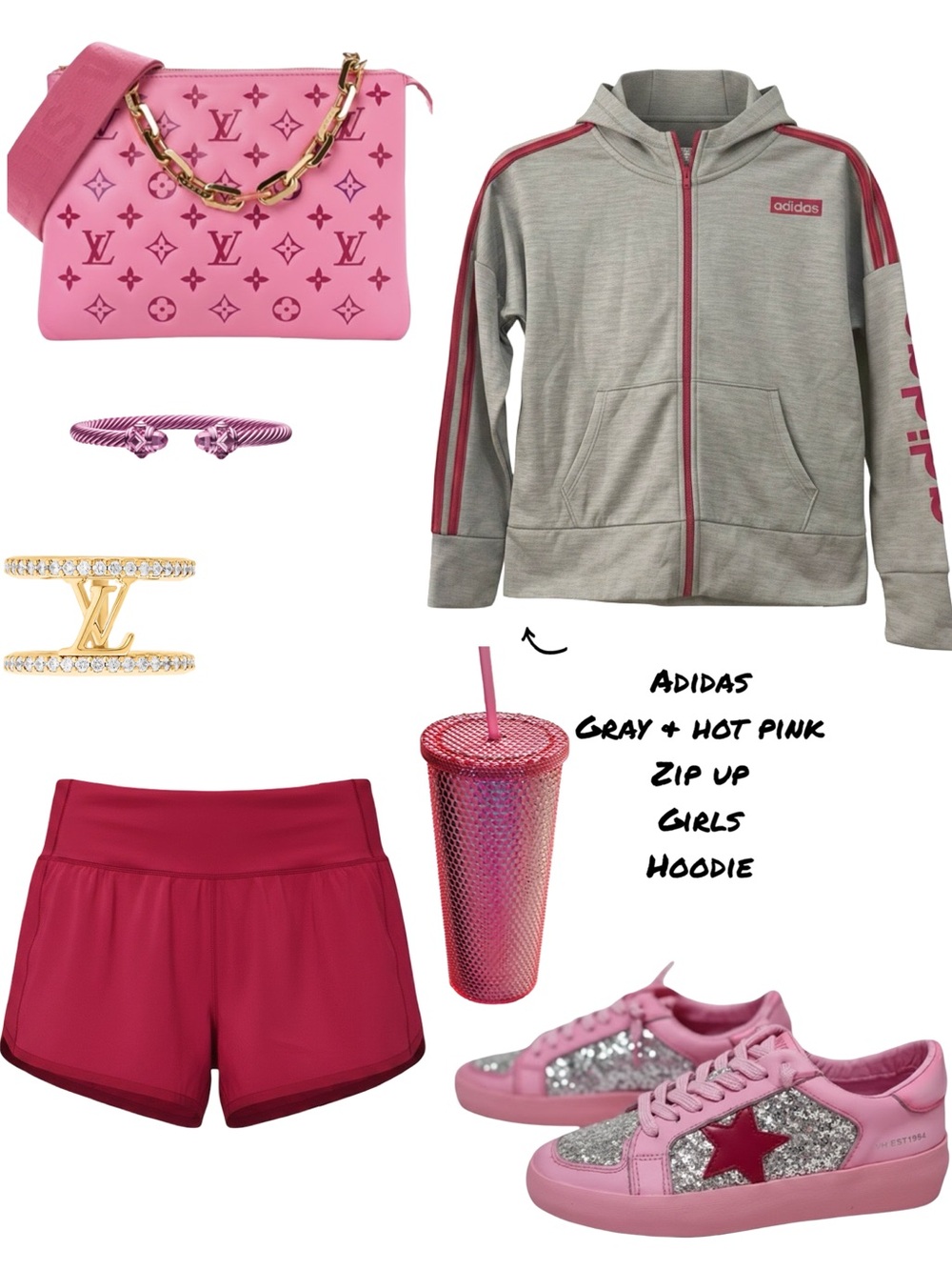 adidas Girls Gray Zip-Up Hoodie with Hot Pink Accents - Athletic Girls 12